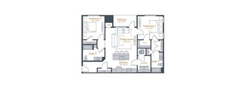 A floor plan of a house with two bedrooms, a living room, a kitchen, a bathroom, a balcony, a laundry room, and a coat closet.