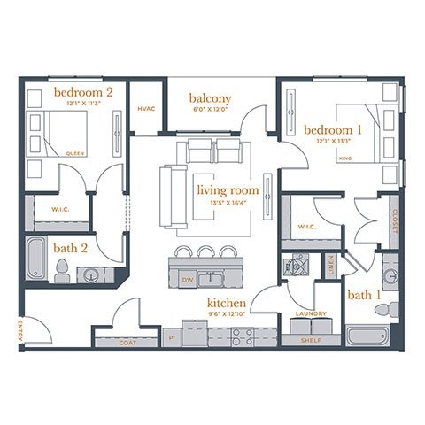 A floor plan of a house with two bedrooms, a living room, a kitchen, a bathroom, a laundry area, and a balcony.