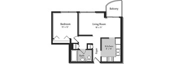A black and white image of a floor plan for a small apartment.