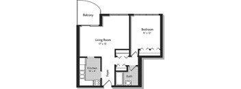 A black and white image of a house floor plan with a balcony, living room, kitchen, foyer, bath, and bedroom.
