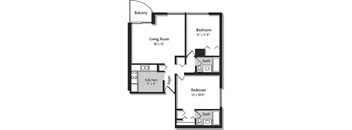 A black and white image of a floor plan for a two bedroom apartment.