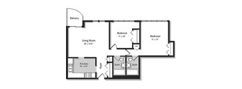 A floor plan of a house with a living room, two bedrooms, a kitchen, a foyer, and a balcony.