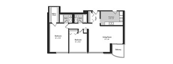 A floor plan of a house with a living room, two bedrooms, a kitchen, a bathroom, a foyer, and a balcony.