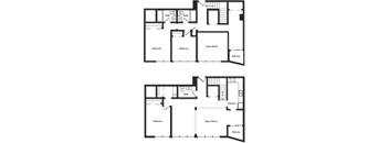 A floor plan of a two-story house with two bedrooms, two bathrooms, a kitchen, and a balcony.