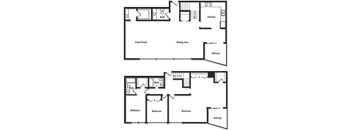 A floor plan of a house with two bedrooms, a great room, a dining area, a kitchen, a bath, and a balcony.