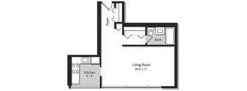 A floor plan of a small apartment with a kitchen, living room, and bathroom.