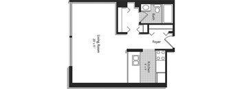 A floor plan of a small apartment with a living room, kitchen, and bathroom.