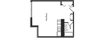 A floor plan of a small apartment with a living area and a bathroom.