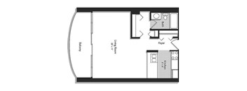A floor plan of a house with a living room, kitchen, bathroom and foyer.