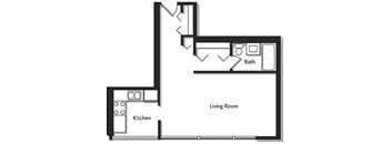 A floor plan of a living room and kitchen.