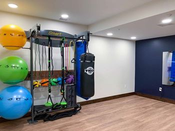 A fitness center with a punching bag and other exercise equipment
