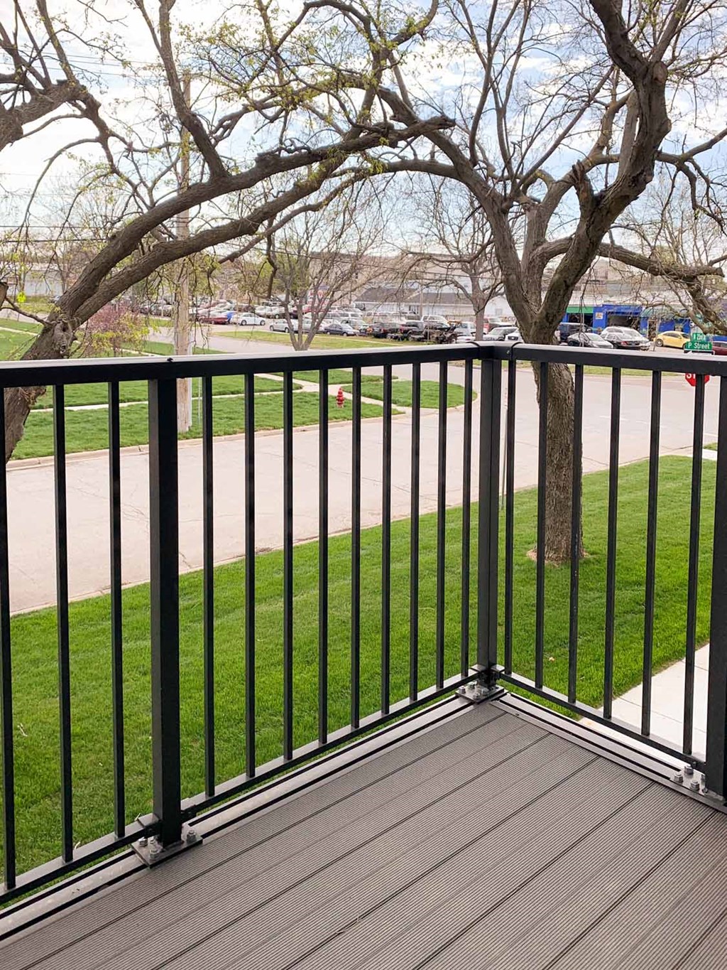 A balcony with a view of a greenspace, park, and a tree