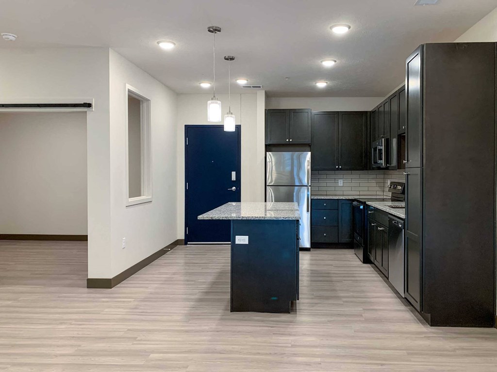 a kitchen with dark cabinets and stainless steel appliances