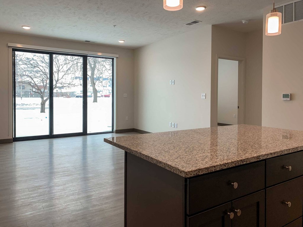 the kitchen island overlooking the living room