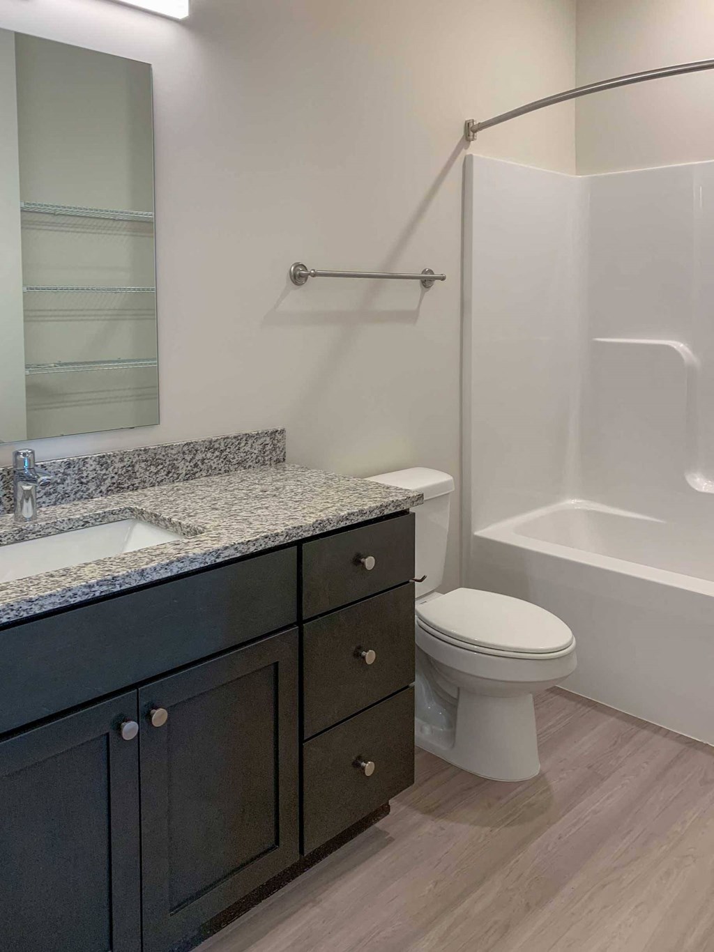 a bathroom with a sink, toilet, granite countertops, and a combination shower and tub