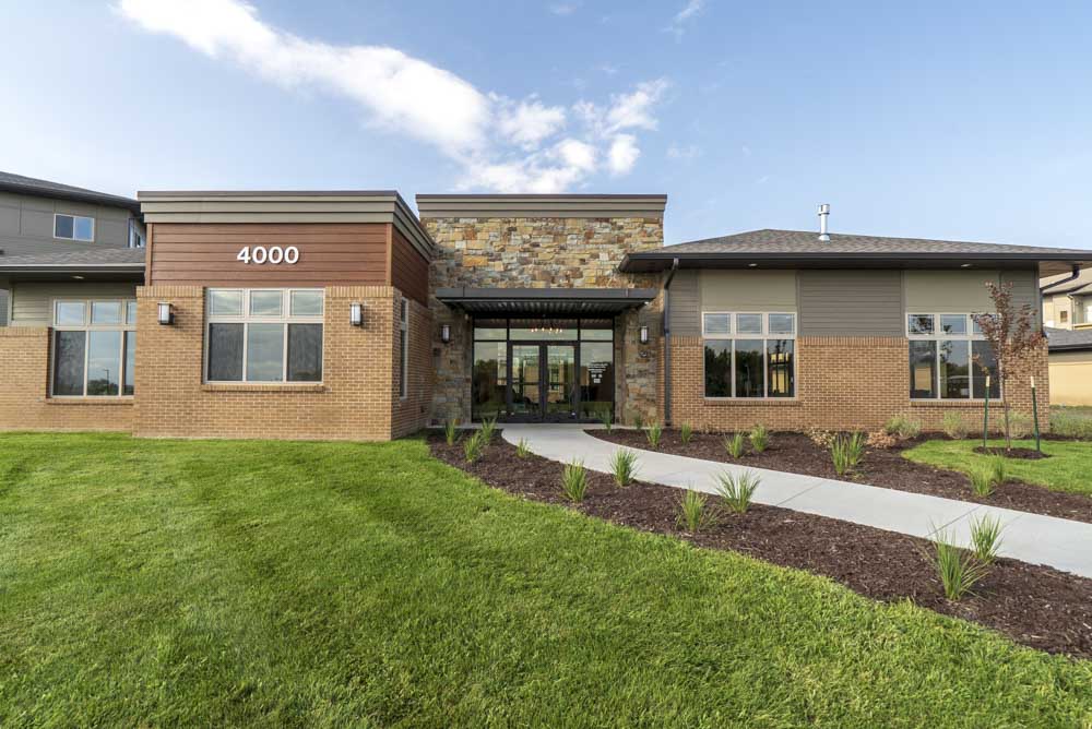 Exterior view of leasing office at 360 at Jordan West best new apartments West Des Moines IA 50266