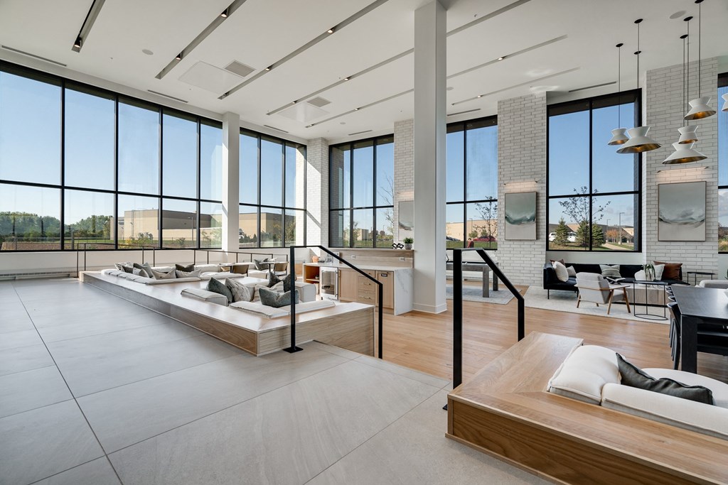 Mulit-level lobby space with entire wall windows at Aspire at CityPlace