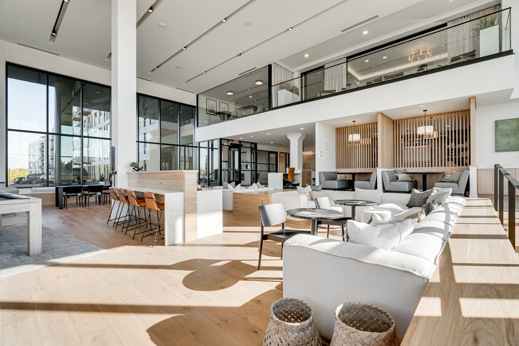 Mulit-level lobby space with entire wall windows at Aspire at CityPlace