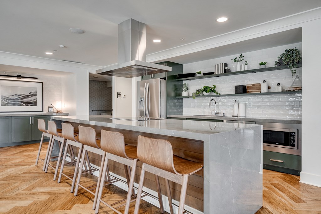 Luxury community kitchen with professional appliances and expansive island with seating for six