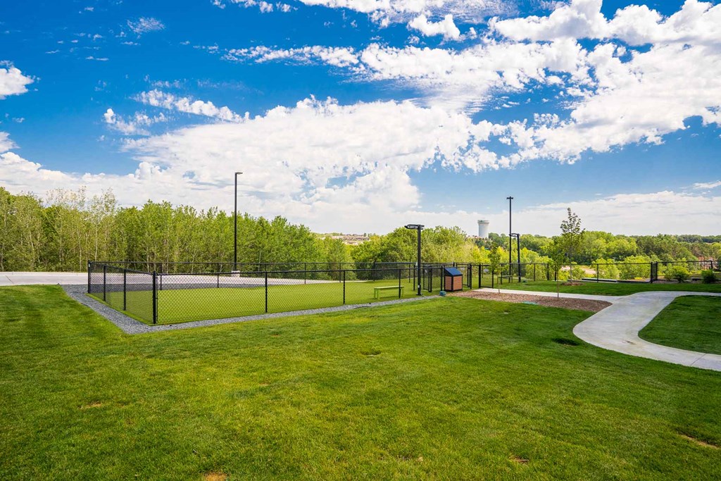 Fenced in, grassy dog park at Aspire with heated turf and heaters