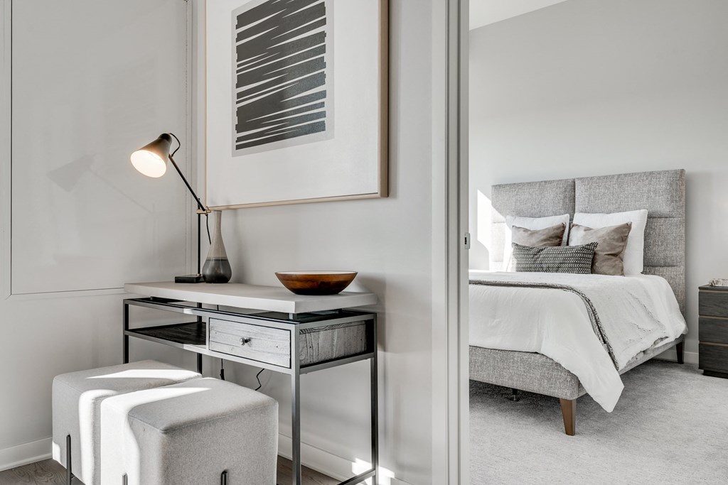 Doorway of furnished bedroom at Aspire at CityPlace in Woodbury MN 55125