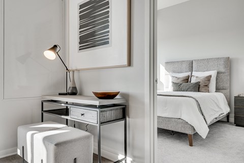 Doorway of furnished bedroom at Aspire at CityPlace in Woodbury MN 55125