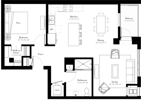 Bluebell (A13) floor plan with 1 bedroom and 1 bathroom at Aspire at CityPlace luxury residences in Woodbury MN 55125