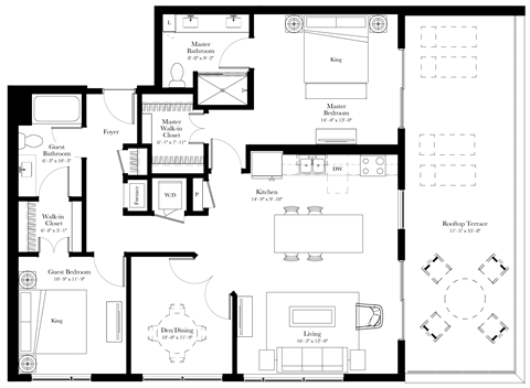 Foxglove (B16) floor plan with 2 bedrooms and 2 bathrooms at Aspire at CityPlace luxury residences in Woodbury MN 55125