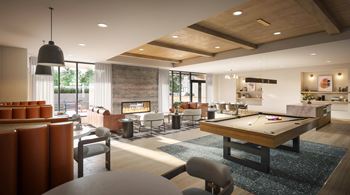 Brynwood clubroom with a pool table, kitchen, and seating areas