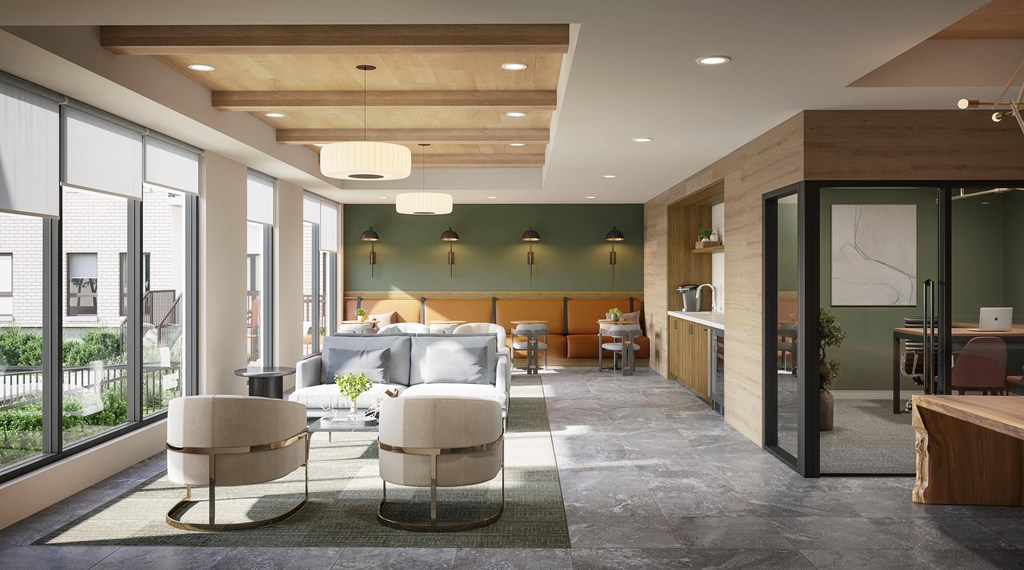 apartment clubhouse lounge with a living room and a dining room