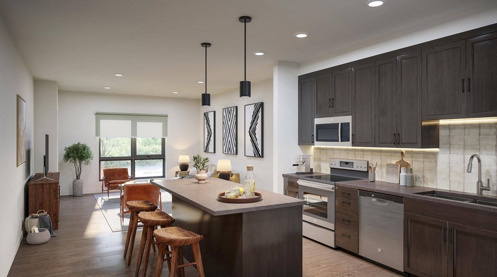 rendering of large apartment kitchen with a center island and a dining room