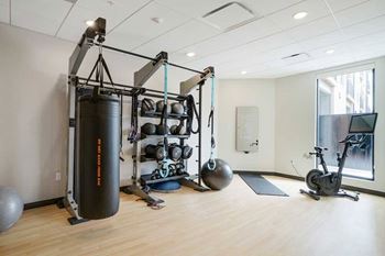 a 24-hour yoga & spin studio with a punching bag, pilates and yoga equipment, a bike, and an on-demand course mirror