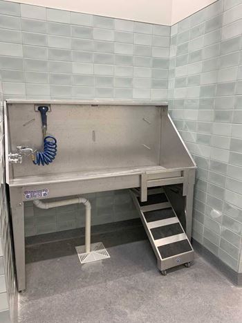 a stainless steel pet wash station with a ramp against a tiled wall
