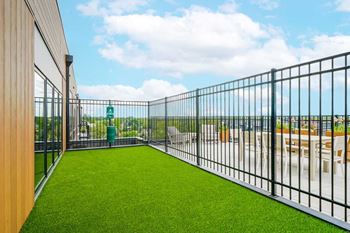 a fenced-in turf dog run with a waste station on the penthouse rooftop patio