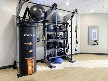 a yoga and spin studio in a fitness center, with a punching bag, yoga equipment, and on demand fitness classes