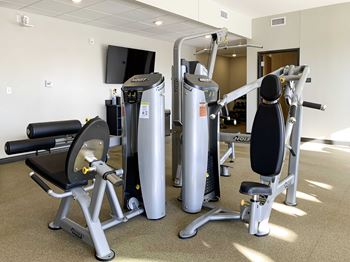 a fitness center with a variety of equipment including a weight machine, a leg press machine, and a rowing machine