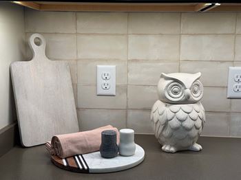 a kitchen countertop decorated with a wooden cutting board, and owl statue, and a serving tray