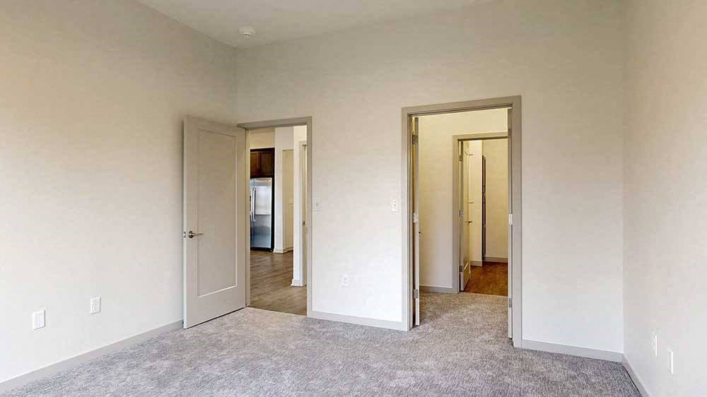 a bedroom with a walk-through closet to the attached bathroom and a door to the living room