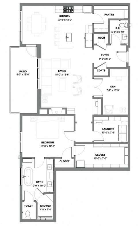 floor plan of one-bedroom with penthouse