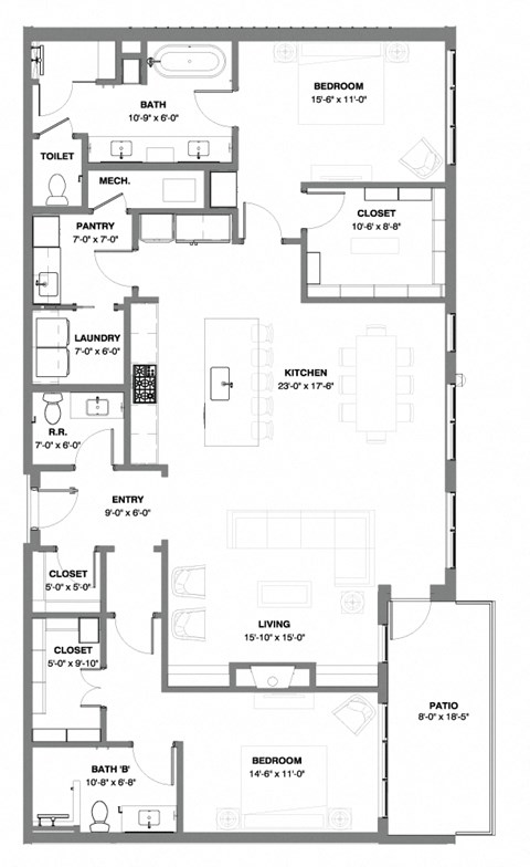 floor plan of two bedroom penthouse