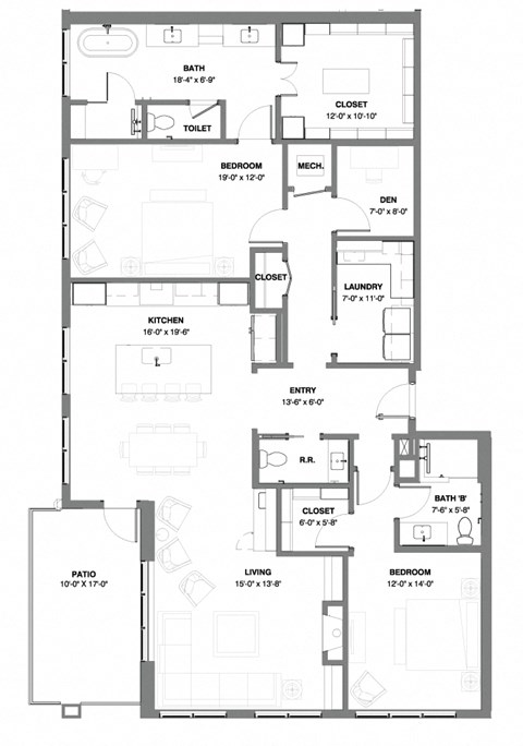 floor plan of two bedroom with den penthouse