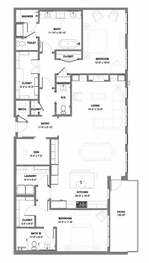 floor plan of two bedroom with den penthouse