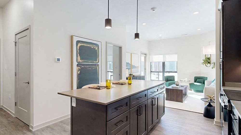 a modern kitchen island with dark cabinetry in front of a living room furnished with midcentury modern decor