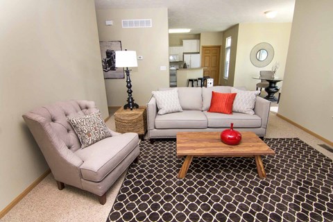 a living room with two couches and a coffee table