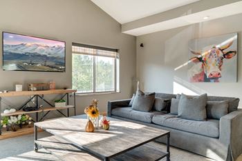 a clubhouse tv lounge with large couches, arm chairs, and a coffee table