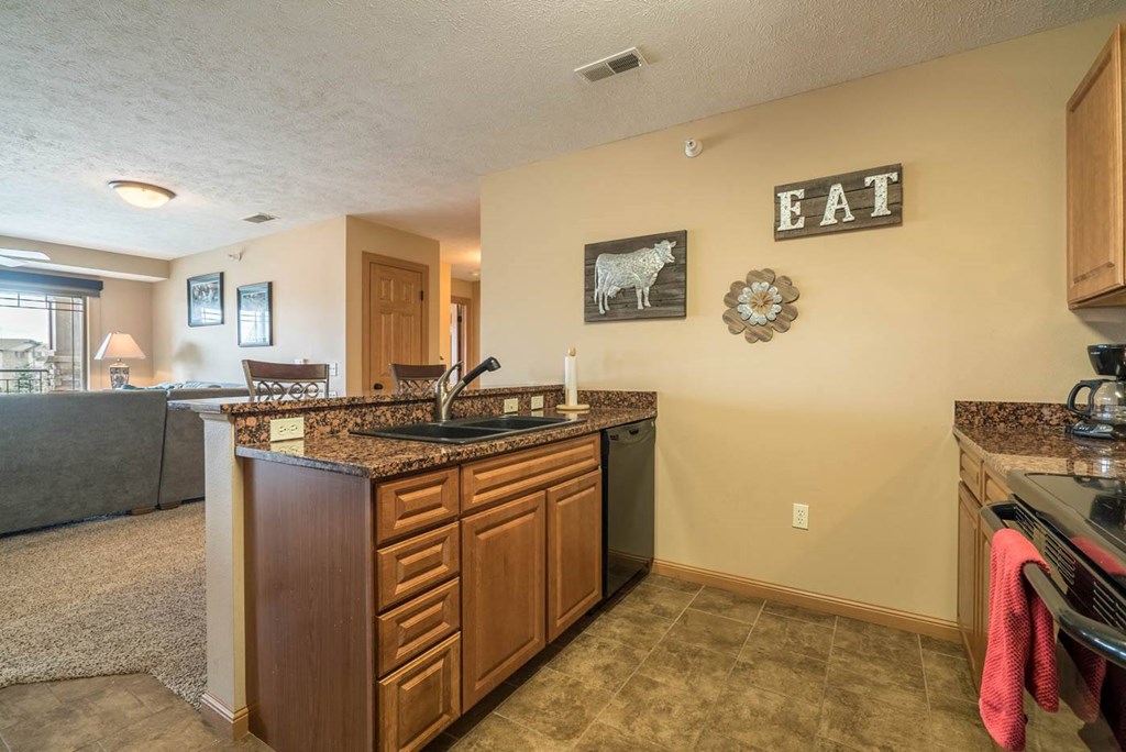 a kitchen with a sink and a granite counter top