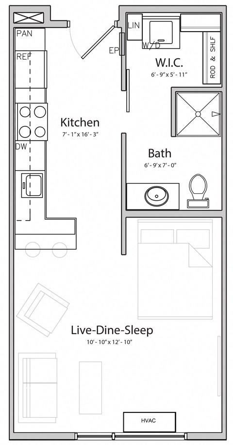 Zen (A1.1) studio one bathroom at Haven at Uptown