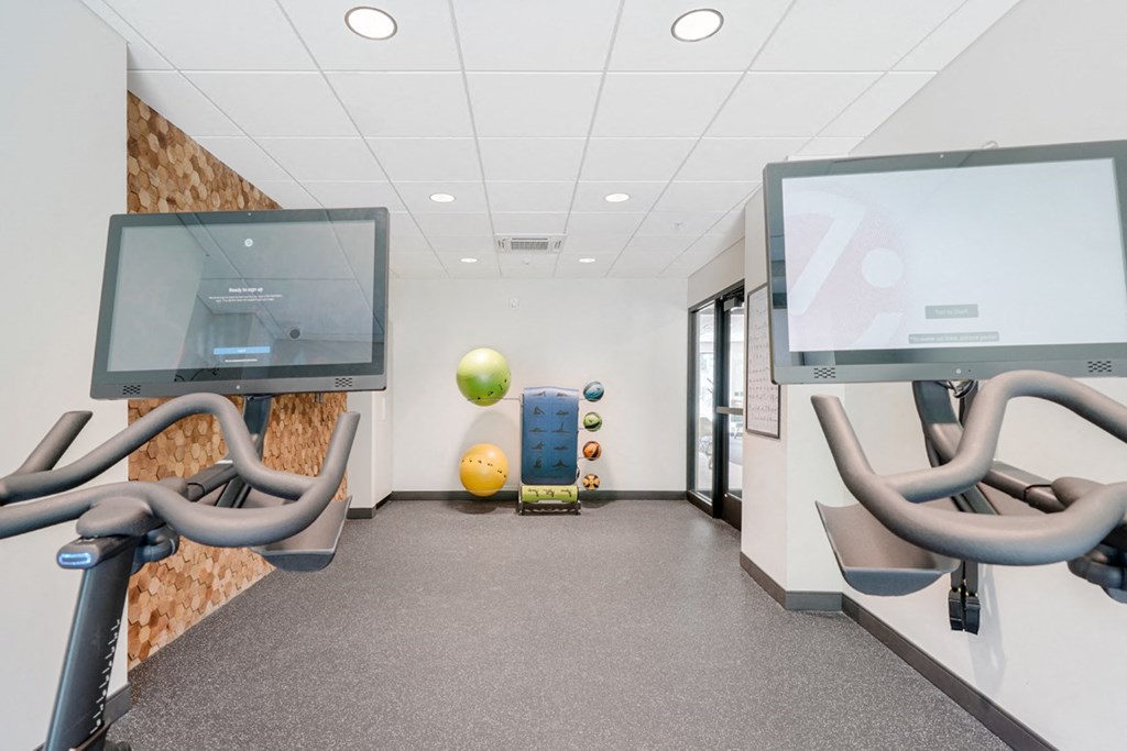 a room with chairs and monitors and a gym ball