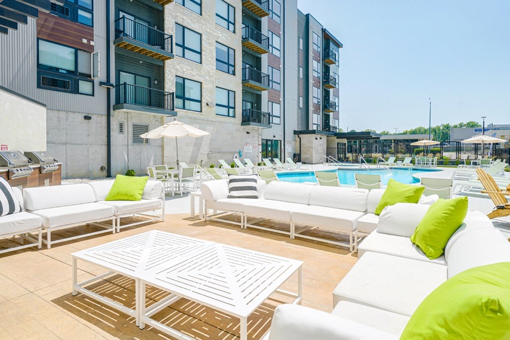 a poolside lounge seating area at the Haven at Uptown apartments