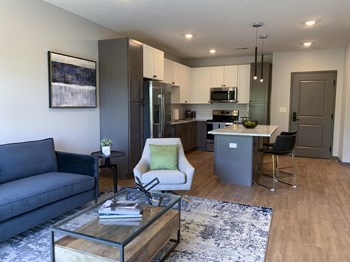 Bliss (1 bed, 1 bath) in Slate finish Furnished open concept living room looking into large kitchen in Bliss floor plan at Haven at Uptown in Lincoln. - Photo Gallery 3